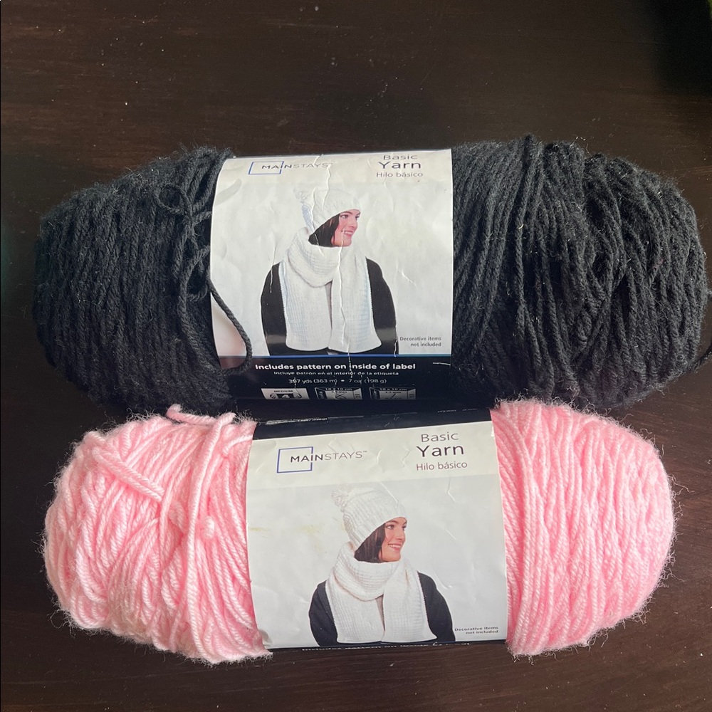 New - Mainstays Basic Yarn Duo - Black & Light Pink Skeins
